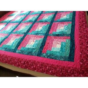 Log Cabin Quilt, Bright, Modern, Traditional Pattern, Sofa Quilt Blanket Throw